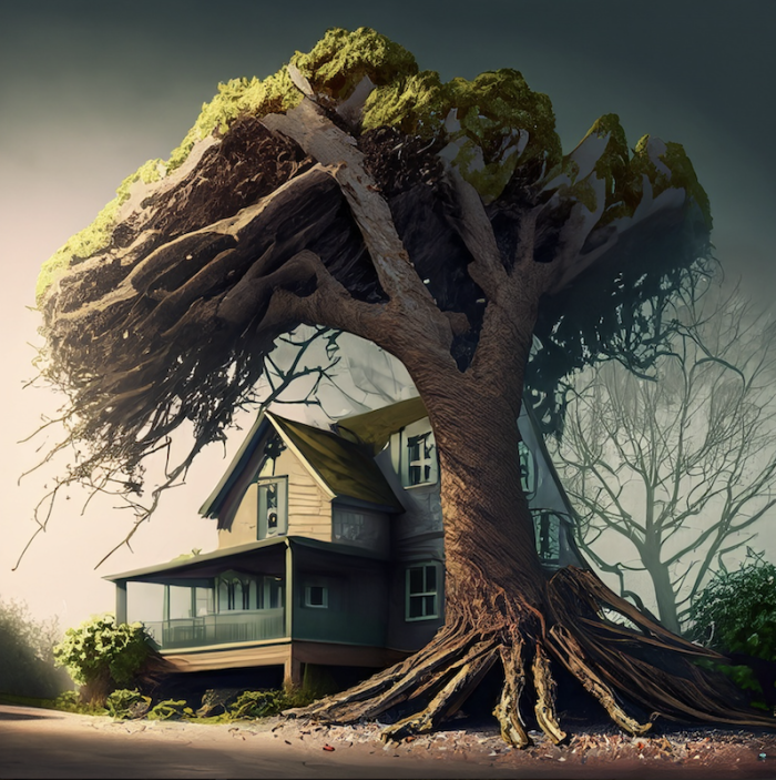 Illustration of a tree falling on a house. ACT Government info about Trees on private land.